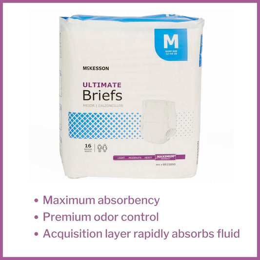 Mckesson Ultimate Briefs, Incontinence, Adult Unisex, Maximum Absorbency, Medium, 16 Count, 1 Pack