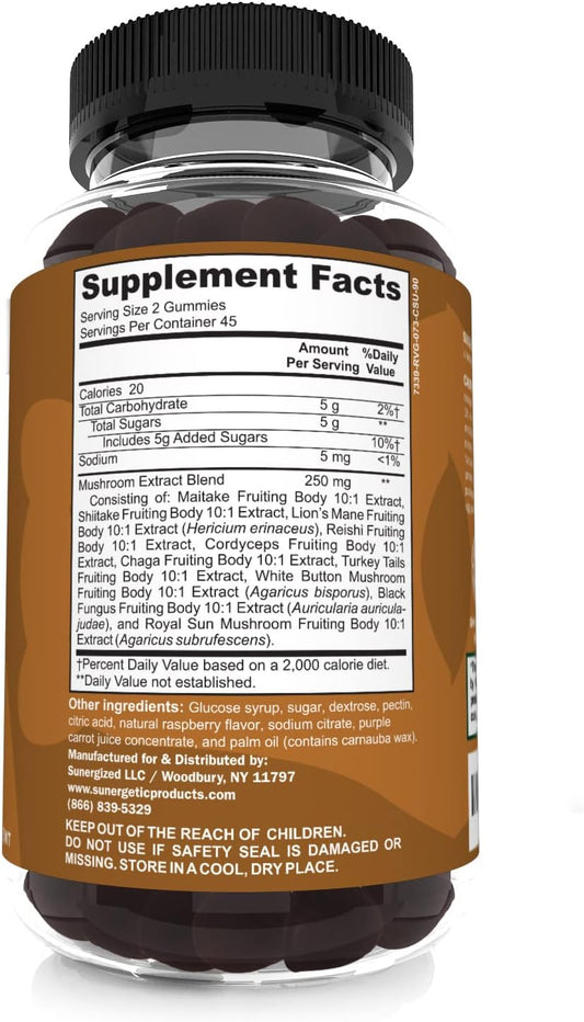 Sunergetic Premium Mushroom Gummies Supplement - For Immune Health, Brain, Mood & Stress Support - Mushroom Blend With Lions Mane, Chaga Extract, Reishi, Turkey Tail, Cordyceps (90 Gummies)