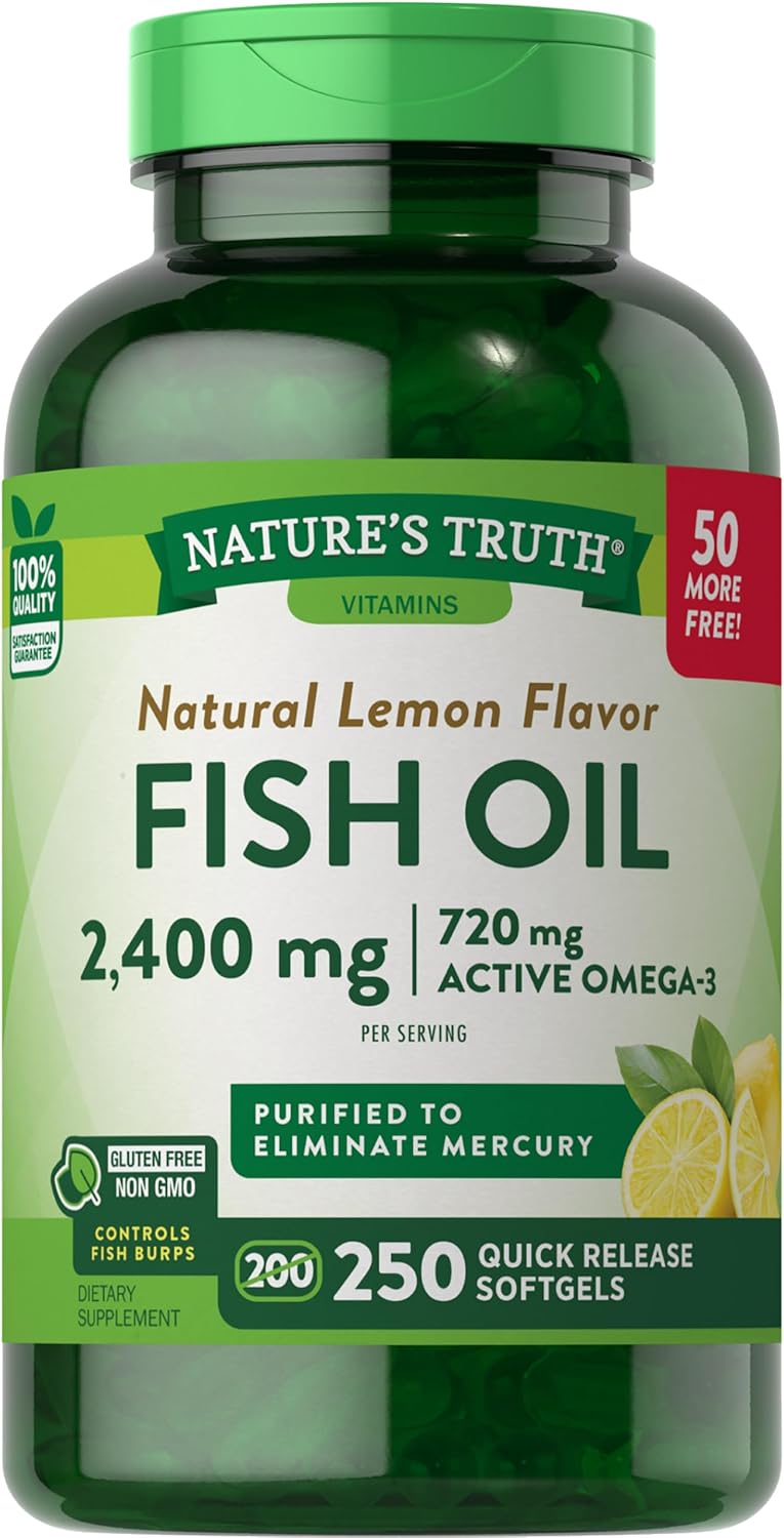 Nature'S Truth Burpless Fish Oil 2400Mg | 250 Softgels | 720 Mg Omega 3 | Natural Lemon Flavor Pills | Non-Gmo & Gluten Free Supplement