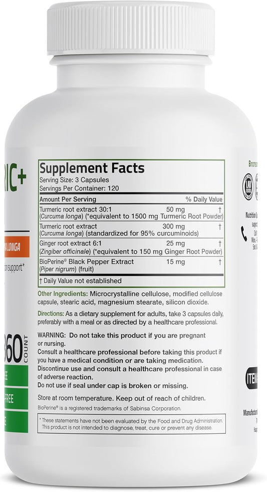Bronson Turmeric + Ginger Extra Strength Joint Health & Digestion Support With Bioperine, Non-Gmo, 360 Vegetarian Capsules