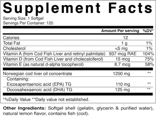 Vitamatic 2 Pack Norwegian Cod Liver Oil 1250mg Total 240 Softgels (Lemon Flavor) - Promotes Cardiovascular Health