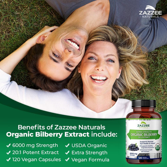 Zazzee Usda Organic Bilberry 20:1 Extract, 6000 Mg Strength, 120 Vegan Capsules, 4 Month Supply, Standardized And Concentrated 20X Extract, 100% Vegetarian, All-Natural, Non-Gmo, Made In The Usa