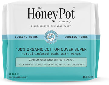 The Honey Pot Company - Herbal Pads For Women - Super Pads W/Wings - Infused W/Essential Oils For Cooling Effect, Organic Cotton Cover, & Ultra-Absorbent Pulp Core - Feminine Care - Fsa & Hsa - 16 Ct