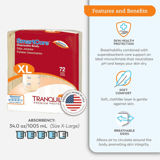 Tranquility Smartcore Adult Disposable Briefs, Incontinence Control With Breathable Kufguard Technology, Fastening Tabs,& Wetness Indicator, Latex-Free, Adult X-Large, 34Oz Capacity, 72Ct Case