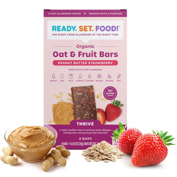 Ready, Set, Food! Organic Oat & Fruit Bars | Peanut Butter Strawberry| Organic Baby Toddler Snack Bar with 8 Top Allergens: Peanut, Egg, Milk, Cashew, Almond, Walnut, Sesame, Soy | No Sugar Added