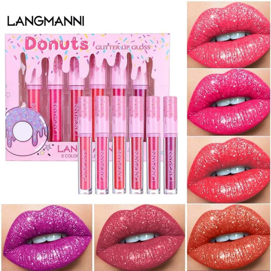 6Pcs/Set Donut Glitter Lip Gloss Shiny Diamond Liquid Lipstick High Coloring Metallic Waterproof Moisturizing Brighten Lip Color Lip Stains Tints Cosmetic Makeup Product