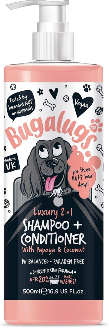 BUGALUGS Dog Shampoo Luxury 2 in 1 Papaya & Coconut dog grooming shampoo products for smelly dogs with fragrance, best puppy shampoo, professional groom Vegan pet shampoo & conditioner?5056176297831
