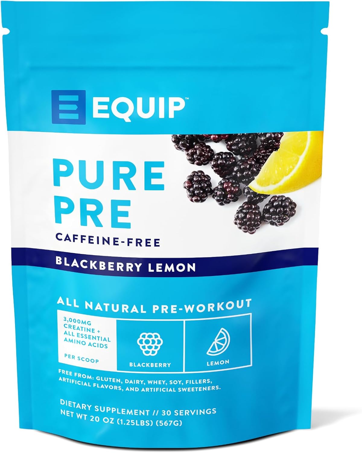Equip Foods Pure Pre All Natural Pre-Workout Powder | Green Tea Caffeine, Sea Salt, Eaa, Vitamin C, B6, B12, L-Carnitine, Agnine | Naturally Boosts Workouts | 30 Servings, Blackberry Lemon Caffeinated