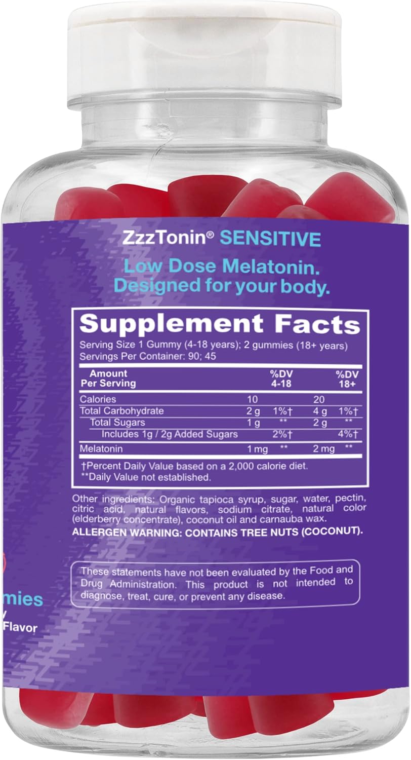 Zzztonin Sensitive Adult And Kids Melatonin Gummy. 1Mg Chewable Melatonin - Low Dose Melatonin Designed Specifically For Natural Calm Sleep Aid In Sensitive Populations. 90 Plant Based Gummies : Health & Household
