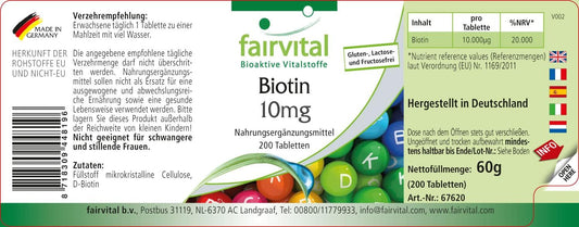 Fairvital | Biotin 10mg - HIGH DOSAGE - VEGAN - 200 tablets - vitamin B7