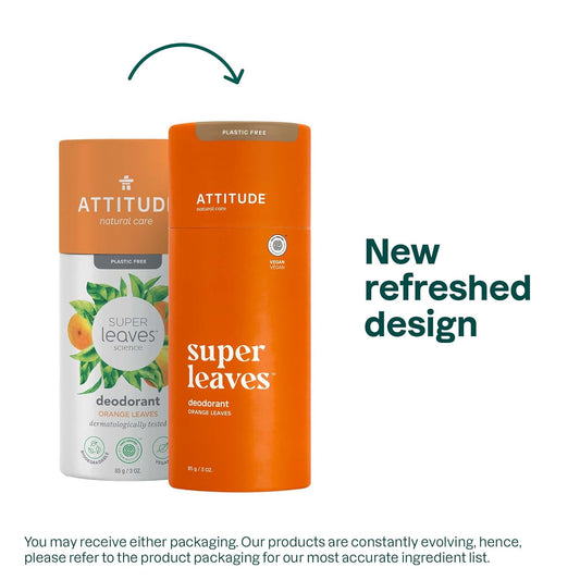 ATTITUDE Plastic-Free Deodorant, EWG Verified, Aluminum-Free, Dermatologically Tested, Plant and Mineral-Based, Vegan, Orange Leaves, 3 Ounces