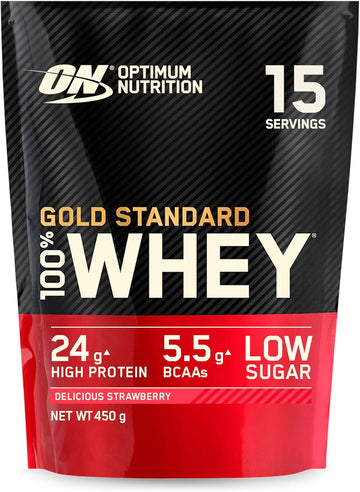 Optimum Nutrition Gold Standard 100% Whey Muscle Building And Recovery Protein Powder With Naturally Occurring Glutamine And Bcaa Amino Acids, Delicious Strawberry Flavour, 15 Servings, 450 G