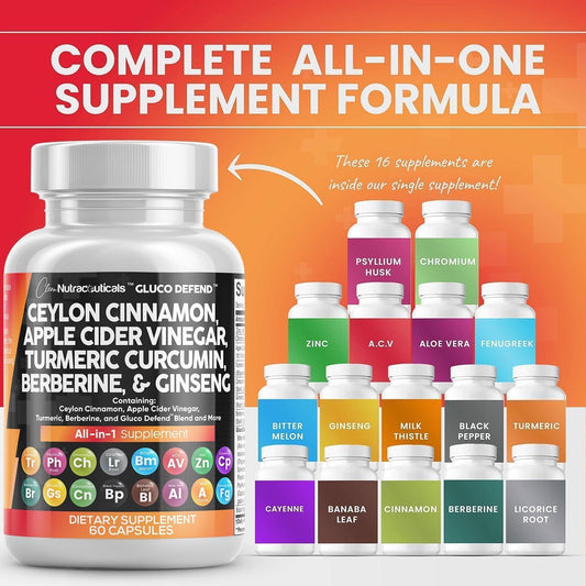 Clean Nutraceuticals Ceylon Cinnamon 3000Mg Turmeric 3000Mg Apple Cider Vinegar 3000Mg Ginseng 2000Mg Berberine 1200Mg Plus Bitter Melon Gymnema Milk Thistle Fenugreek