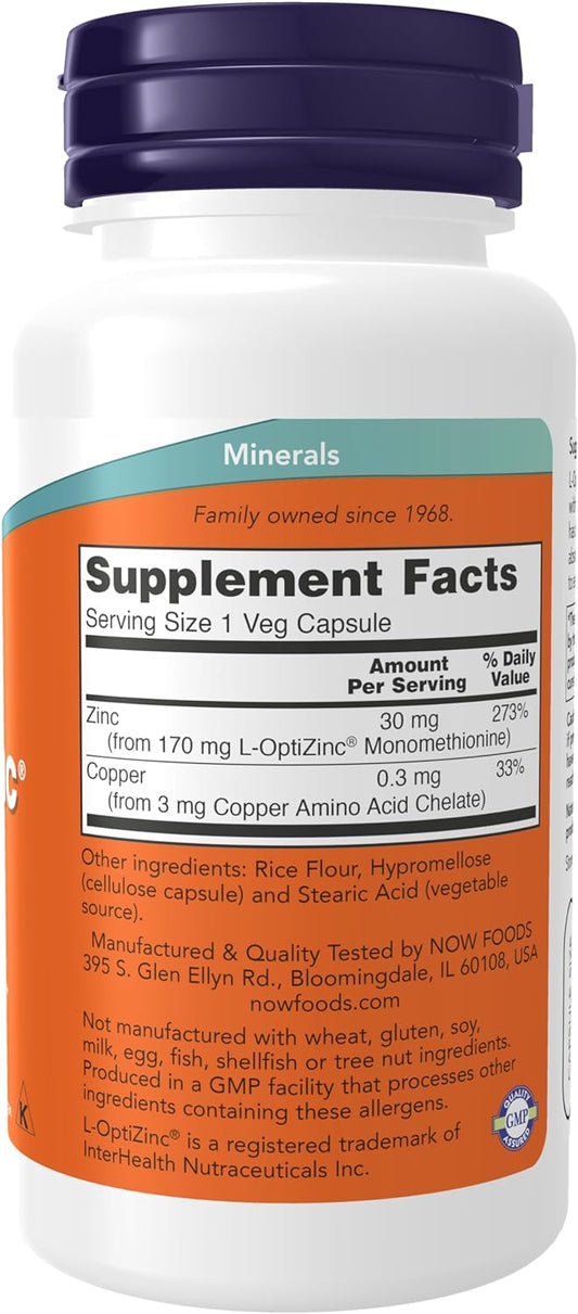 Now Foods Supplements, L-Optizinc® 30 Mg With Copper, Highly Bioavailable Form, Immune Support*, 100 Veg Capsules