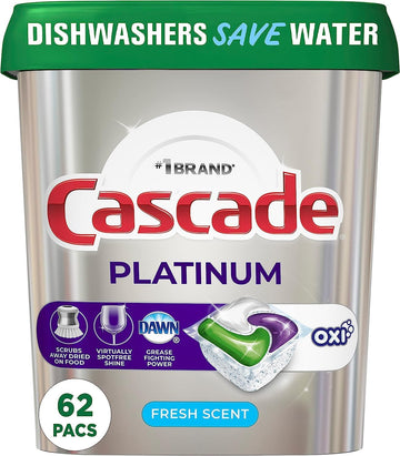 Cascade Platinum Dishwasher Soap Pods, Actionpacs + Oxi With Dishwasher Cleaner And Deodorizer Action, Fresh, 62 Count Of Dish Detergent Pods