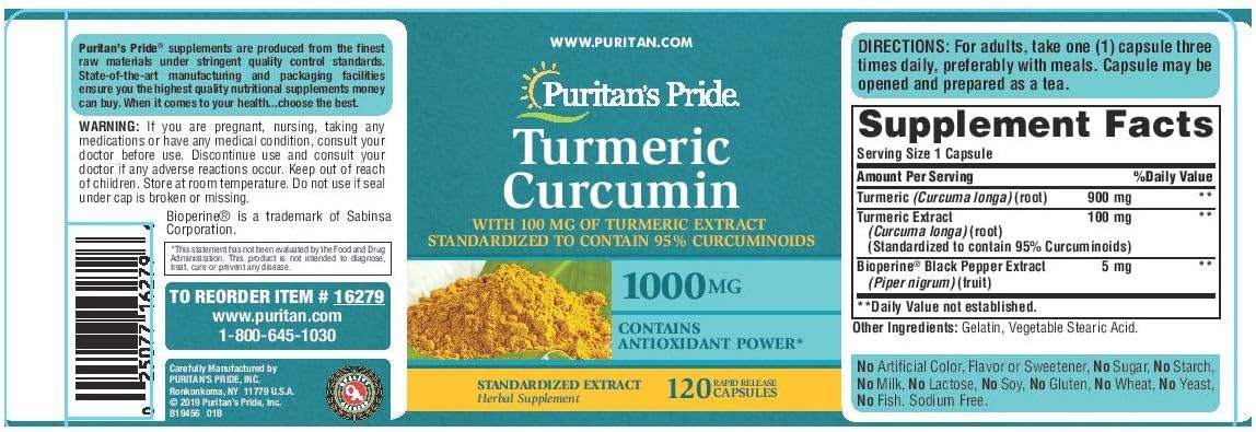 Puritan's Pride Turmeric Curcumin, 1000mg, 120 Rapid Release Capsules : Health & Household