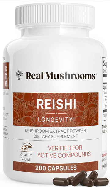 Real Mushrooms Reishi Capsules - Organic Mushroom Extract Supplement With Potent Red Reishi Mushroom For Longevity, Mood, Sleep, & Immune Support - Vegan Mushroom Supplement, Non-Gmo, 200 Caps