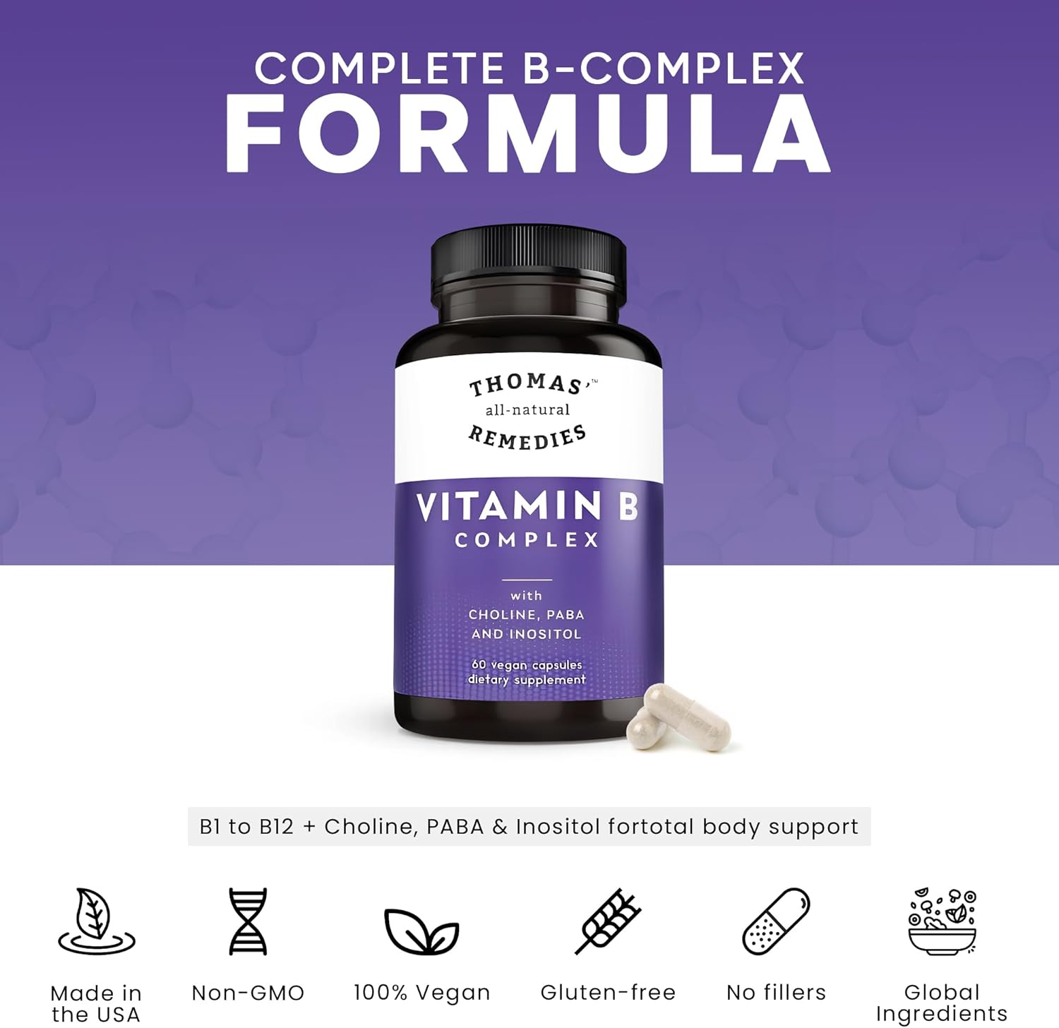 Thomas' All-Natural Remedies Vegan B Vitamins With Choline, Paba & Inositol - Folate - Vitamins For Energy & Metabolism - Hair Skin Nails - 60 Caps - Made In Usa