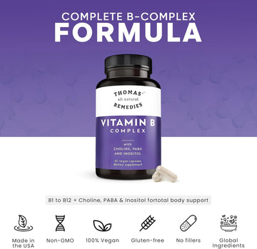 Thomas' All-Natural Remedies Vegan B Vitamins With Choline, Paba & Inositol - Folate - Vitamins For Energy & Metabolism - Hair Skin Nails - 60 Caps - Made In Usa