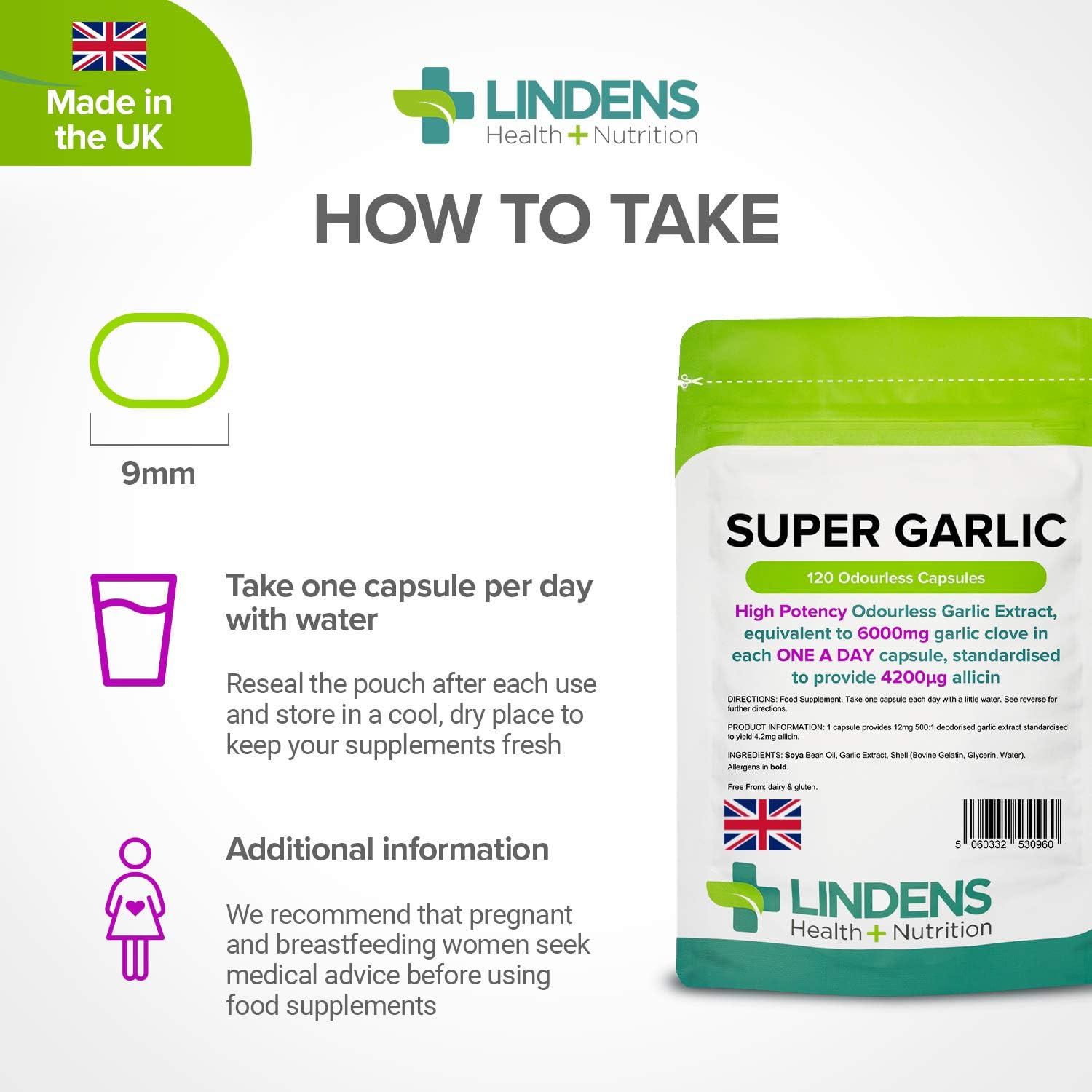Lindens Super Garlic 6000mg High Strength Capsules | 120 Pack | High potency odourless Garlic Extract, equivalent to 6000mg garlic clove in each one a day capsule, standardised to provide 4200_g allicin : Amazon.co.uk: Health & Personal Care