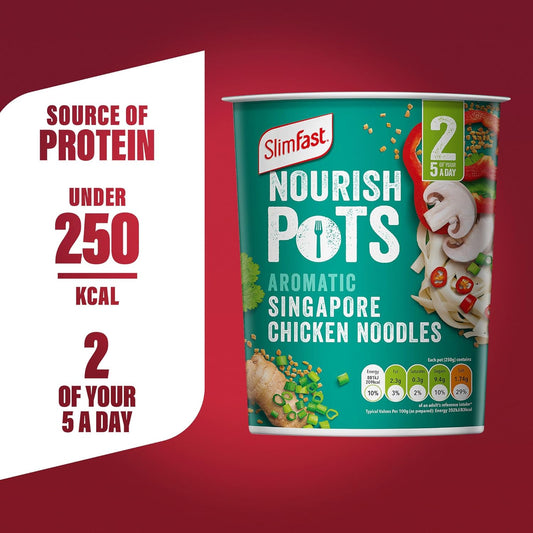 Slimfast Nourish Pot Aromatic Singapore Noodles, Ready Meal, Low In Sugar And Fat, Healthy Lunch And Low-Calorie Snack, Source Of Protein, Instant Noodles, Multipack, 8 X 60 G