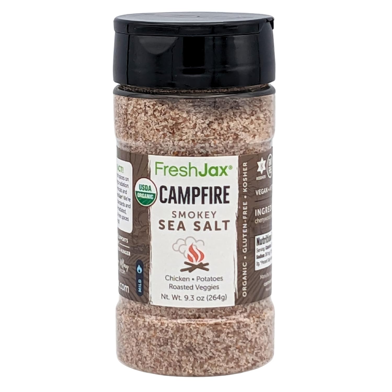 FreshJax Organic Campfire Smokey Sea Salt (9.3 oz Bottle) Non GMO, Gluten Free, Keto, Paleo, No Preservatives Smoked Organic Sea Salt | Handcrafted in Jacksonville