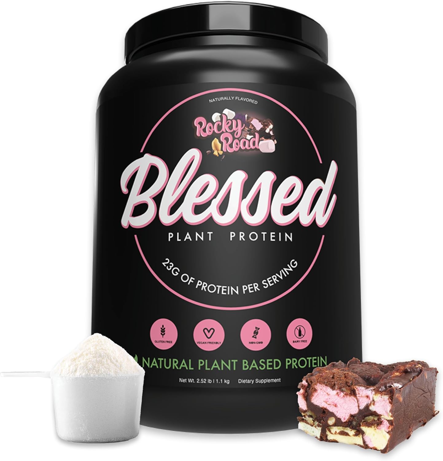 Blessed Vegan Protein Powder - Plant Based Protein Powder Meal Replacement Protein Shake, 23G Of Pea Protein Powder, Dairy Free, Gluten Free, Soy Free, No Sugar Added, 30 Servings (Rocky Road)