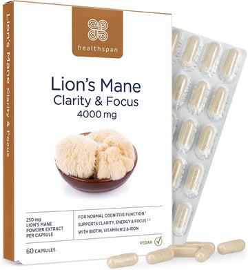 Healthspan Lion’S Mane Clarity & Focus (60 Capsules) | Stay Sharp And Focused | 4000Mg Lion’S Mane Mushrooms | Supports Energy And Cognitive Function | With Biotin, Vitamin B12 And Iron