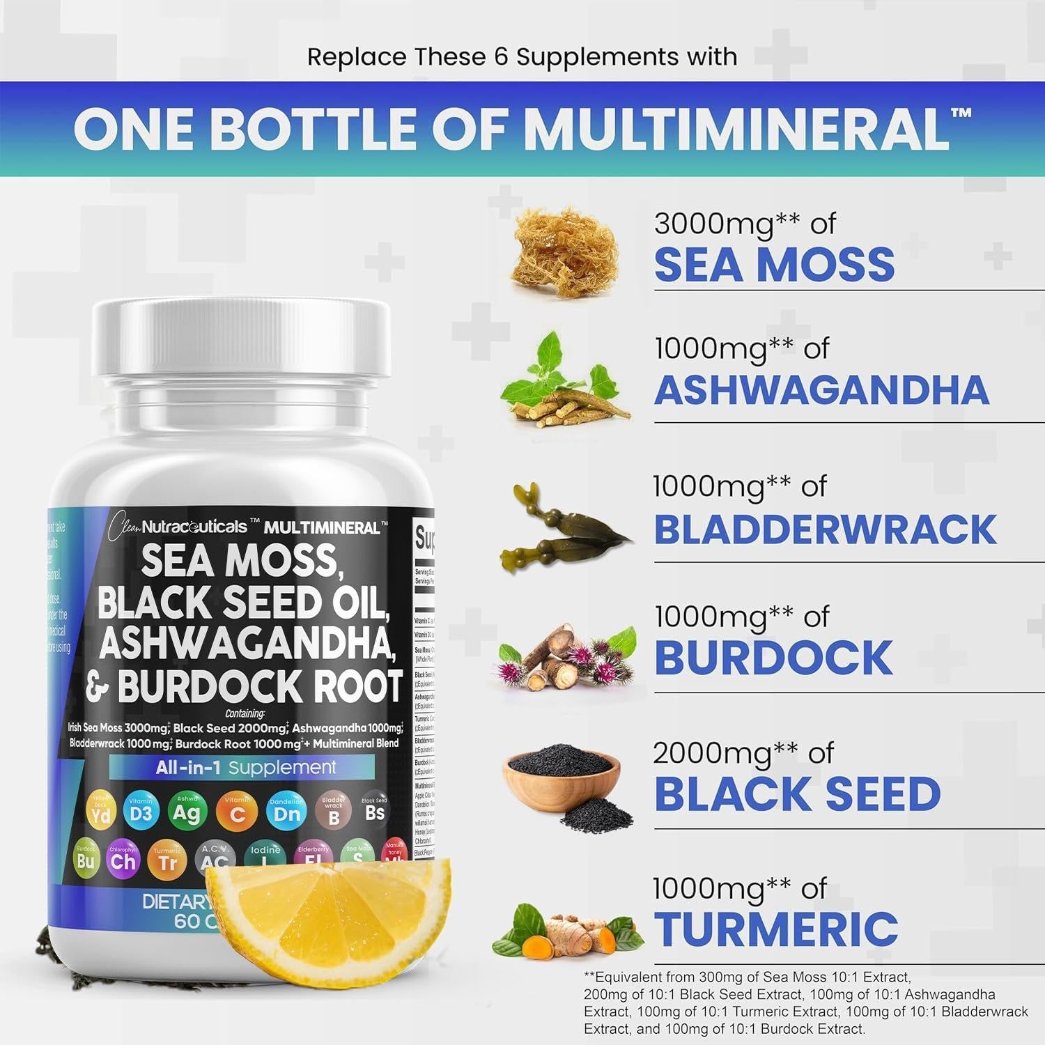 Clean Nutraceuticals Sea Moss 3000mg Black Seed Oil 2000mg Ashwagandha 1000mg Turmeric 1000mg Bladderwrack 1000mg Burdock & Vitamin C D3 with Elderberry Manuka D, Iodine Chlorophyll ACV - 2Pack : Health & Household