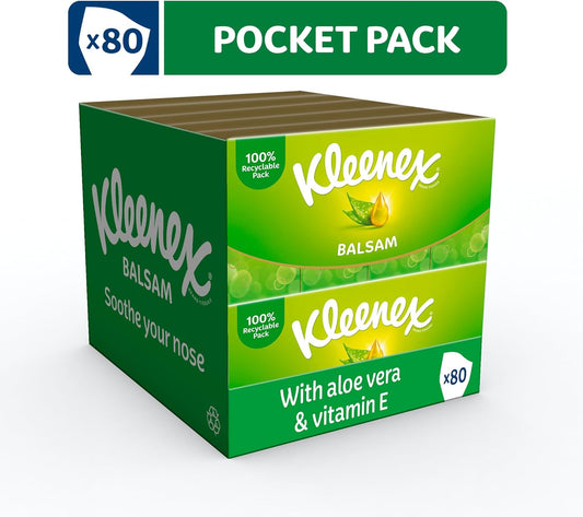 Kleenex Balsam in Handy Pocket Pack Tissues - 80 Travel Pocket Packs - Balm Tissues Protect and Soothe Your Nose when You've Got a Cold - Balmcare with Aloe Vera, Vitamin E and Calendula