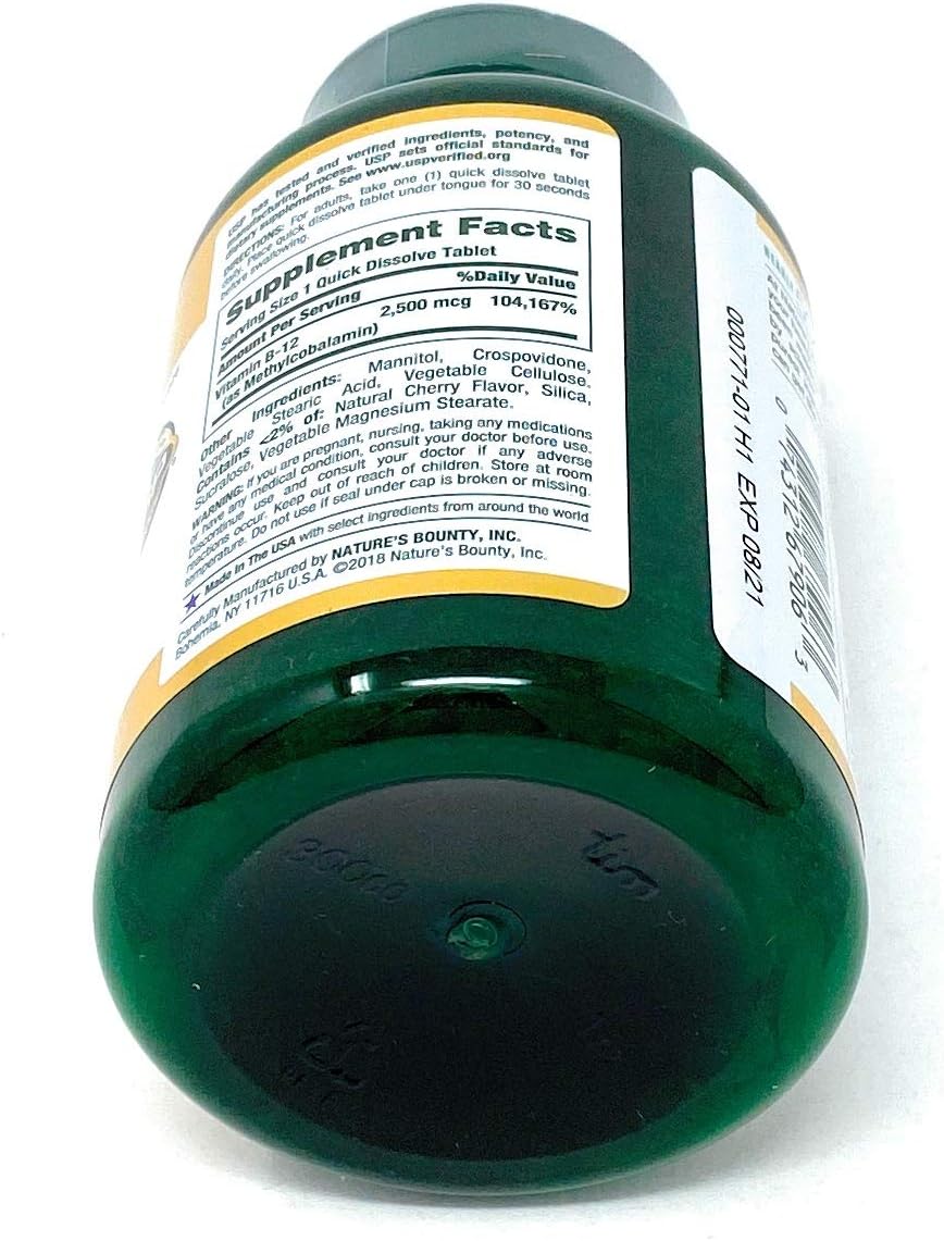 Nature's Bounty Quick Dissolve Fast Acting Vitamin B-12 2500 mcg, Natural Cherry Flavor (300 tablets) : Health & Household