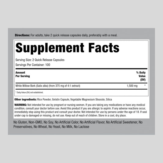 Piping Rock White Willow Bark Capsules 1500mg | 200 Count | Concentrated Extract | Herbal Supplement | Gluten Free, Non-GMO