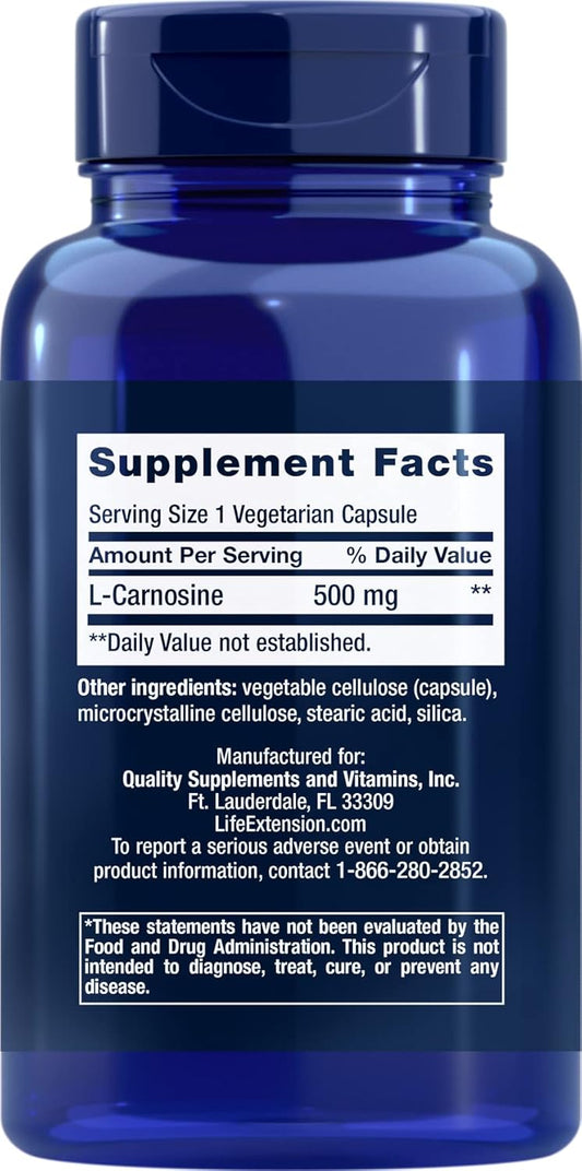 Life Extension Carnosine, Healthy Aging, Exercise Recovery, Gluten-Free, Non-Gmo, Vegetarian, 60 Capsules