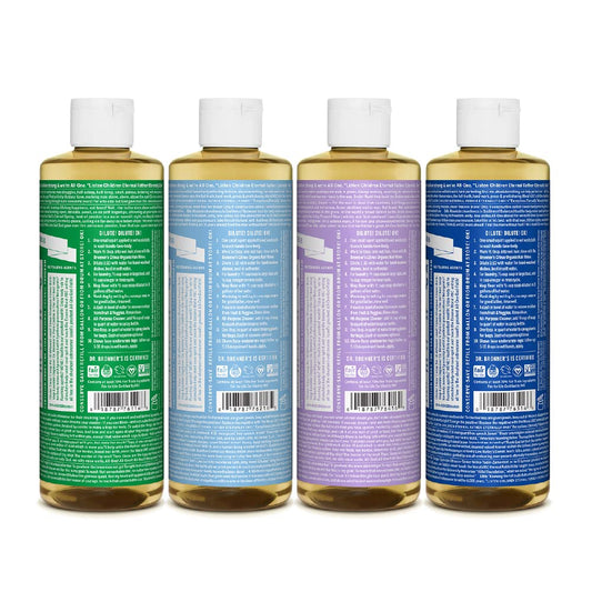 Dr. Bronner's - Pure-Castile Liquid Soap Variety Pack - Almond, Lavender, Baby Unscented, & Peppermint, Made w/Organic Oils, 18-in-1 Uses: Face, Body, Hair, Laundry, Pets, Dishes, Etc. (16oz, 4-Pack)