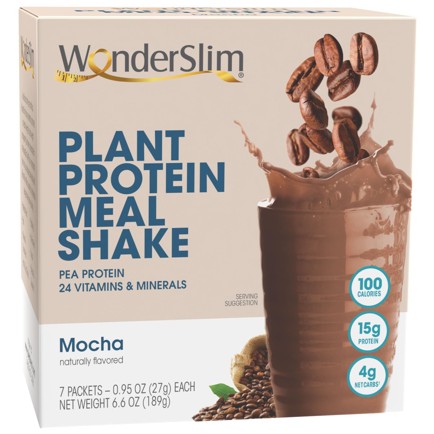 Wonderslim Plant Based Meal Replacement Shake, Mocha, 15G Protein, Keto Friendly & Low Carb, Low Sugar, Gluten, Soy, & Dairy Free (7Ct)