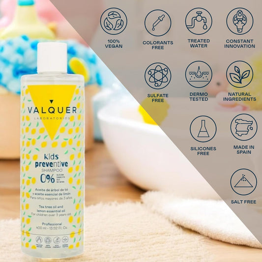 Valquer Formula Zero Preventive Shampoo For Children. Cleanses, Purifies, And Protects Hair. Provides Freshness With Tea Tree And Lemon Oil And Natural Ingredients. Ages 3+. 400Ml
