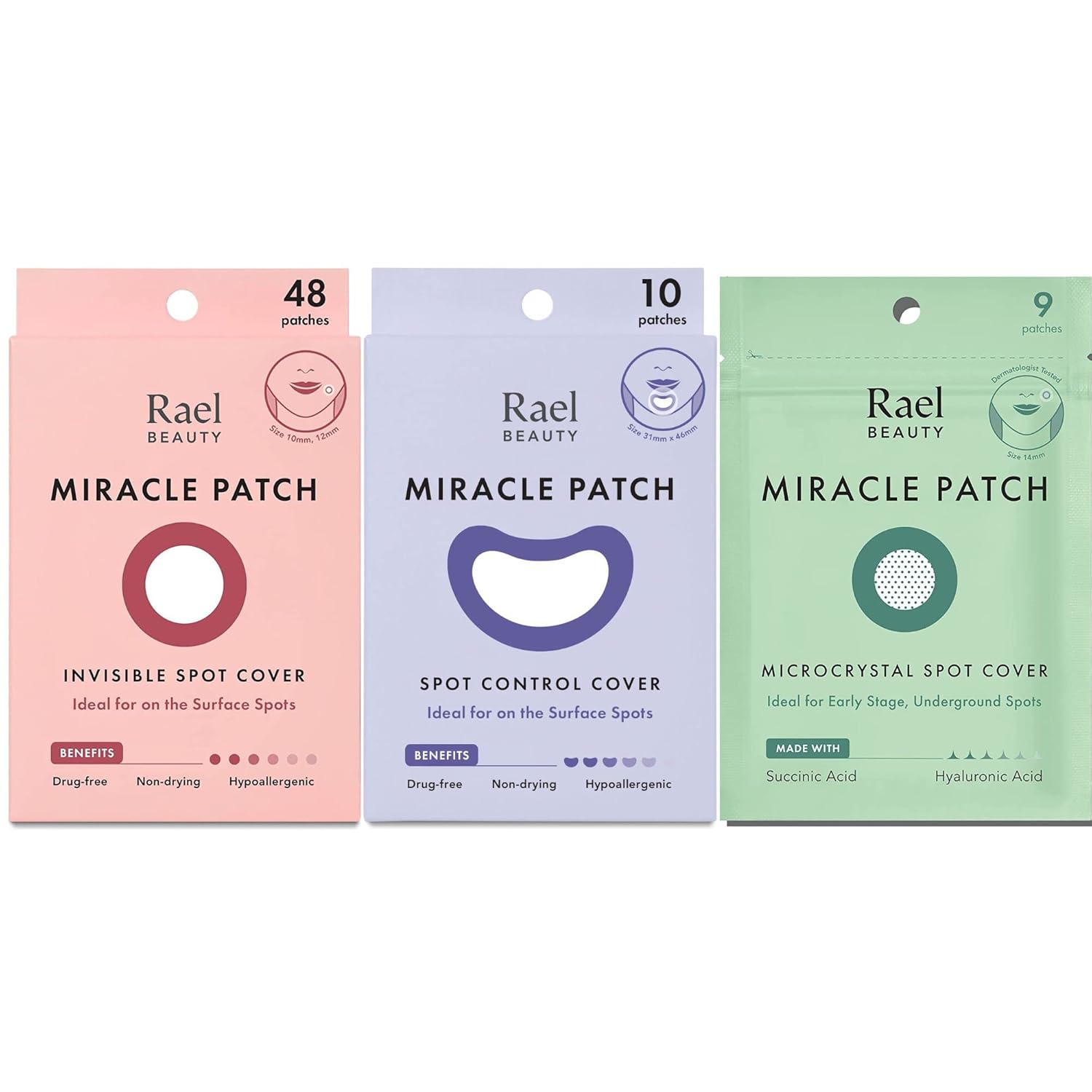 Rael Miracle Spot Cover Bundle - Invisible Spot Cover (48 Count), Spot Control Cover (10 Count), Microcrystal Spot Cover (9 Count)