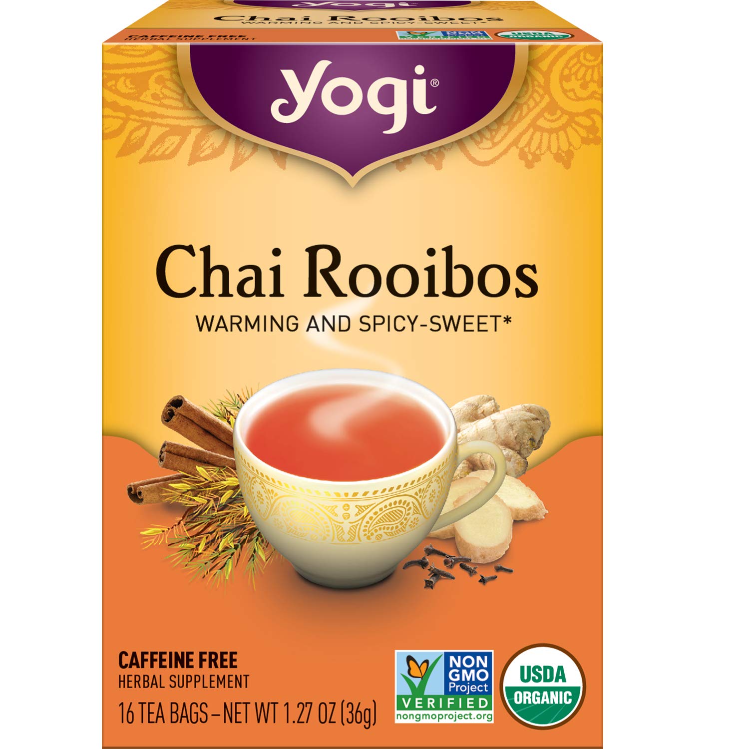 Yogi Tea Chai Rooibos Tea - 16 Tea Bags Per Pack (4 Packs) - Spiced Organic Rooibos Tea - Provides Antioxidants - Caffeine-Free - Includes Cardamom, Cinnamon, Ginger & Clove