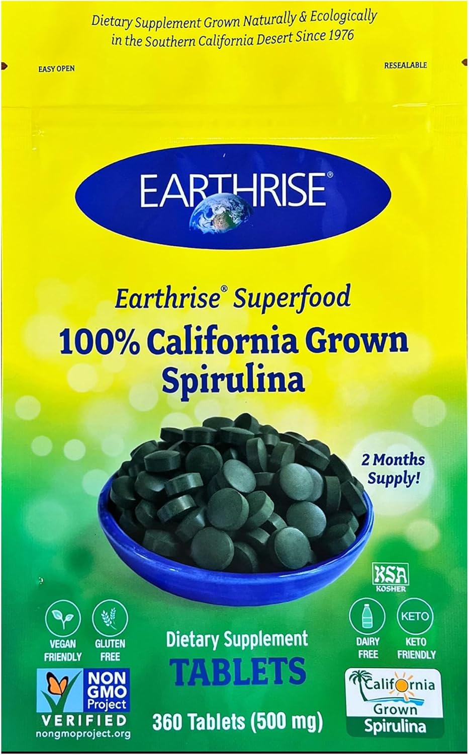Earthrise Superfood 100% California Grown Spirulina 500Mg Tablets (360 Count), Natural Premium Spirulina, Vegan, Gluten Free, Keto Friendly, Non -Gmo, High In Vitamins & Minerals