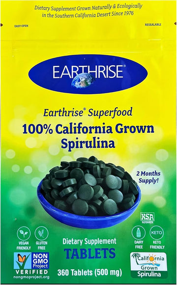 Earthrise Superfood 100% California Grown Spirulina 500Mg Tablets (360 Count), Natural Premium Spirulina, Vegan, Gluten Free, Keto Friendly, Non -Gmo, High In Vitamins & Minerals
