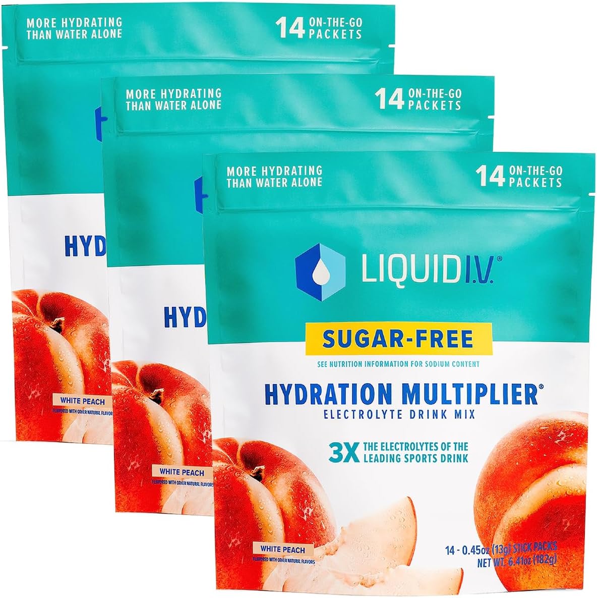 Liquid I.V. Sugar-Free Hydration Multiplier - White Peach ? Hydration Powder Packets | Electrolyte Powder Drink Mix | Easy Open Single-Serving Sticks | Non-GMO | 3 Pack (42 Servings)