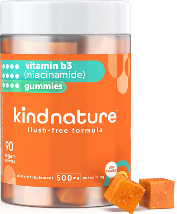 Vitamin B3 Niacin Gummies - Flush Free Niacinamide 500Mg Supplement - Vegan, Non-Gmo, Low-Calorie, Gluten-Free, Soy-Fee, 3Rd Party Lab Tested - 1 Month Supply, 90 Chewable Gummies