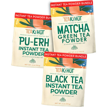 Teaki Hut Instant Tea Powder Bundle, Refreshing Instant Tea 3 Pack - Includes Matcha Green Tea, Black Tea, Pu-Erh Tea Powder - Perfect For Baking, Teas, Lattes, Smoothies, Zero Sugar Mixed Tea Pack