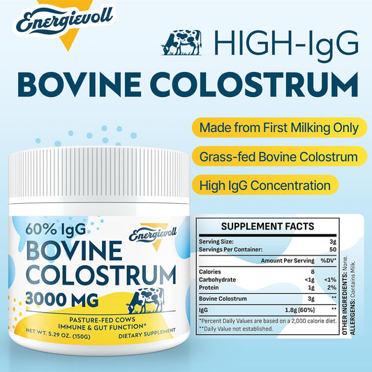 Bovine Colostrum Supplement Powder - 60% Igg 3000 Mg For Gut, Hair Growth, Beauty, And Immune, Easy To Mix, Unflavored (50 Servings)