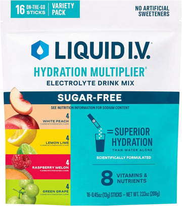 Liquid I.V.® Hydration Multiplier® Sugar - Free - Raspberry Melon, Lemon Lime, White Peach, Green Grape - Hydration Powder Packets, Electrolyte Powder Drink Mix | 16 Servings (Pack Of 1)