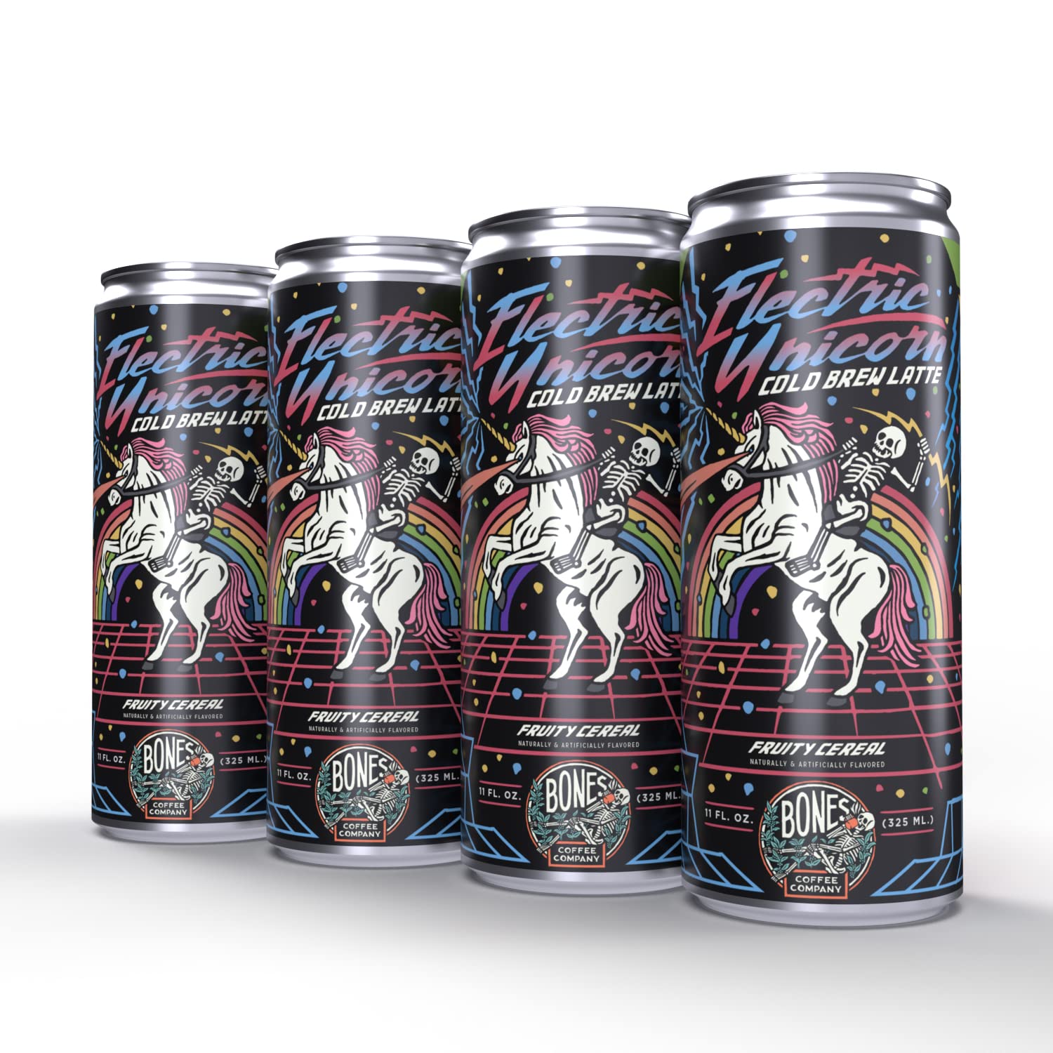 Bones Coffee Company Electric Unicorn Cold Brew Latte Fruity Cereal Flavored Coffee | 100% Ready To Drink Cold Brew Coffee Can | Smooth & Sweet Blend Cold Brew Cans | 11 Fl Oz Can (4 Pack)