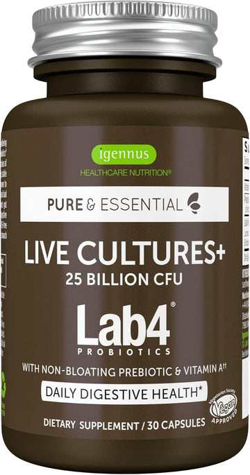 Igennus Probiotics & Prebiotic, Lactobacillus Acidophilus & Bifidobacterium, Live Cultures+ Lab4, Guaranteed 25 Billion Cfu, For Women & Men, Non-Bloating Gut Health Support, Non-Gmo, 6 X 30 Capsules