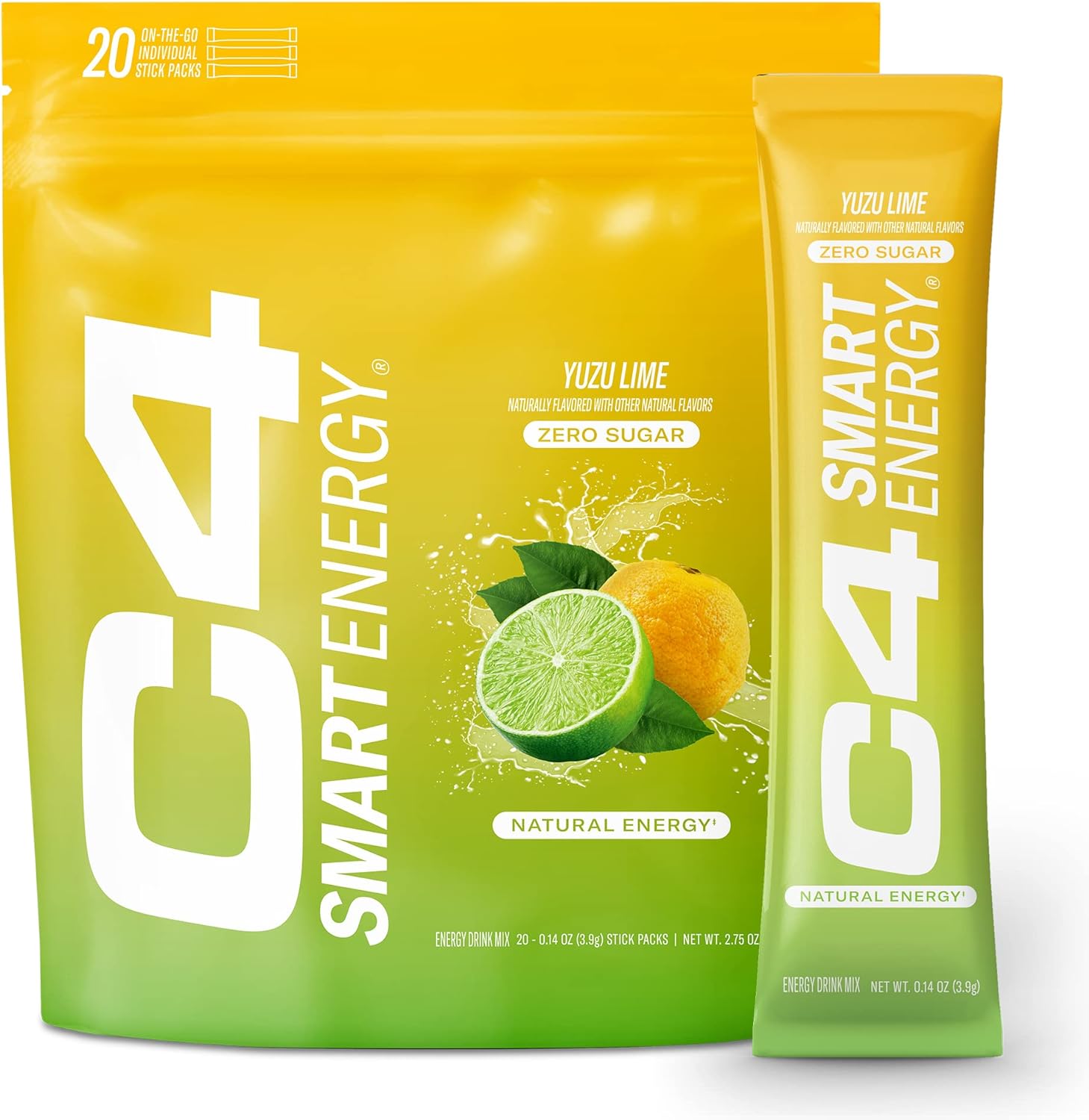 C4 Smart Energy Powder Stick Packs - Sugar Free Performance Fuel & Nootropic Brain Booster, Coffee Substitute or Alternative | Yuzu Lime - 20 Count