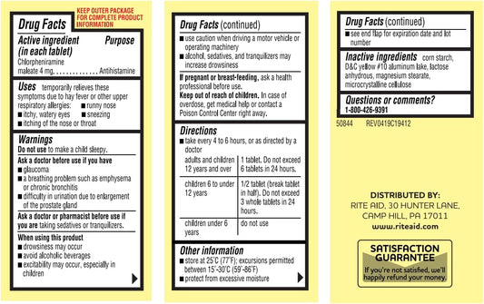 Rite Aid Allergy Medicine, Chlorpheniramine Maleate 4Mg - 100 Count Tablets | 4 Hour Allergy Relief | Antihistamine Allergy Medication | Allergy Medicine For Adults | Non Drowsy Allergy Medicine