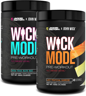 Jacked Factory X John Wick - Wick Mode Pre Workout Powder - Intense Energy, Battle-Ready Focus, Unstoppable Commitment, And Sheer Will - Baba Yaga Blue Raz & Last Tropical Sunrise